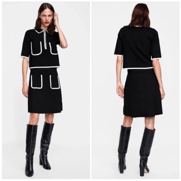 Zara Black & White Knit Skirt & Top Set Contrast Piping - Picture 2 of 12